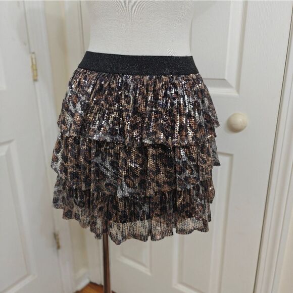 Leopard Print Sequins Sparkle Tiered Skirt - Picture 2 of 3
